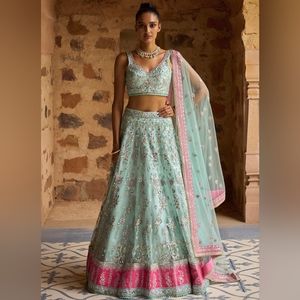 Mint and Hot pink Embroiderd Net Lehengha